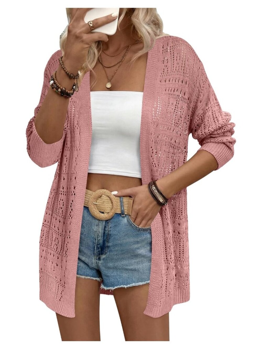 Womens Lightweight Crochet Knit Open Front Kimono Cardigan Boho Summer Duster